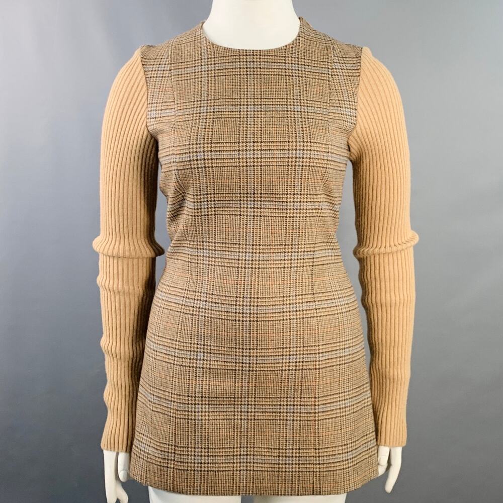 MAISON MARTIN MARGIELA Size L Camel Wool Houndstooth Long Sleeve Mini Dress
